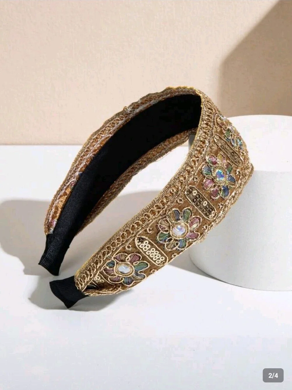 Boho Dark Gold Floral Embroidered Headband